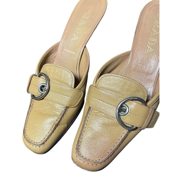 Vintage PRADA 2000’s Tan Pumps Kitten Heels Mules Size 36.5 Y2k Buckle - Picture 8 of 16